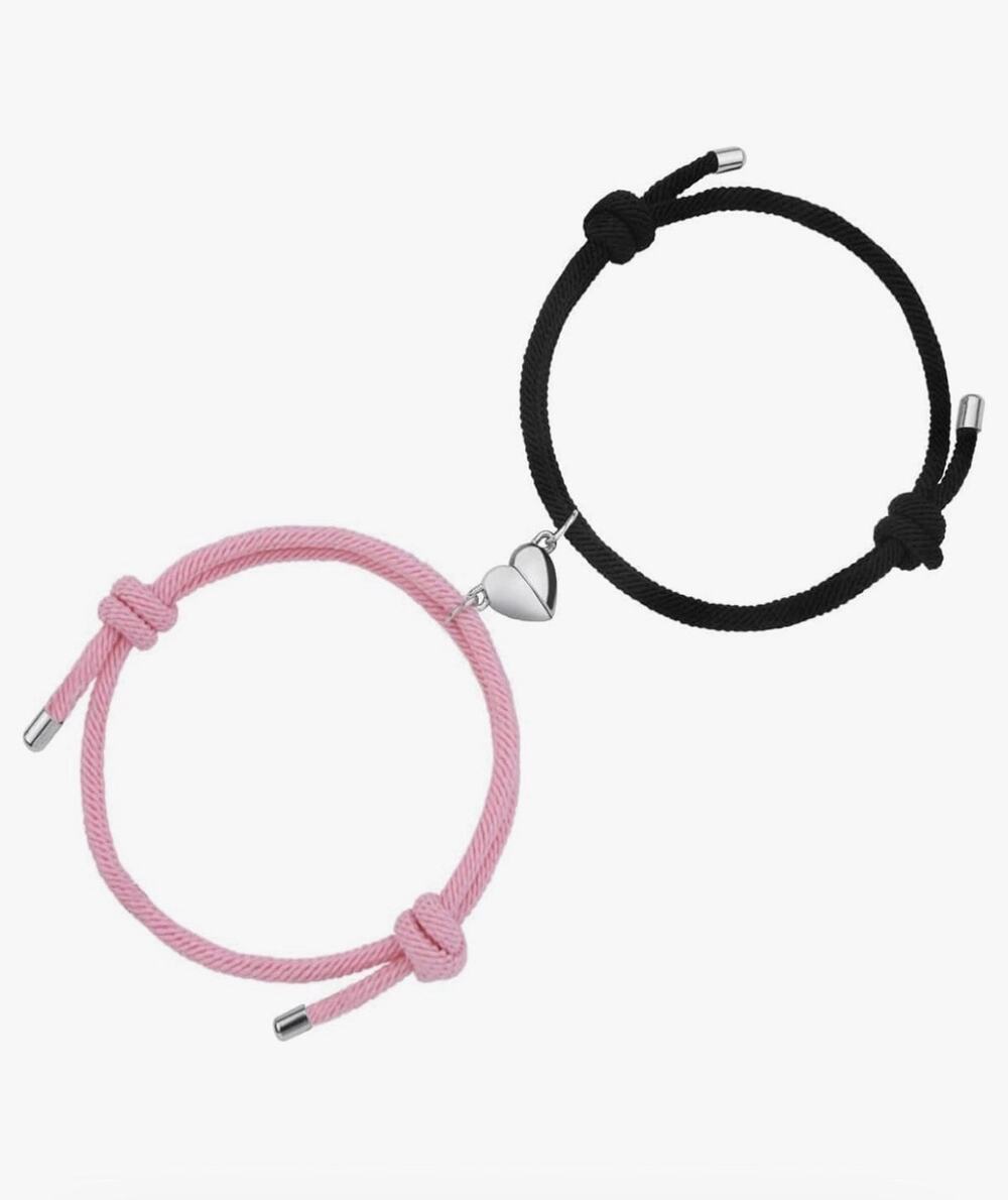 Aucuu Black And Pink Heart Magnetic Couple Adjustable Band Bracelets With Bag